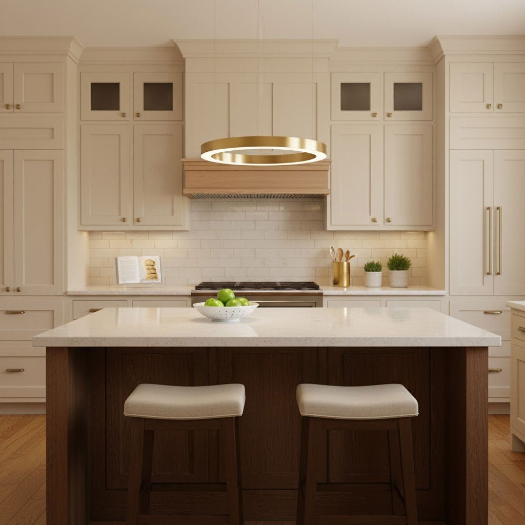 A single gold ring hangs above a white kitchen island with two stools and cream cabinets, lit by this Clérachic ring pendant.