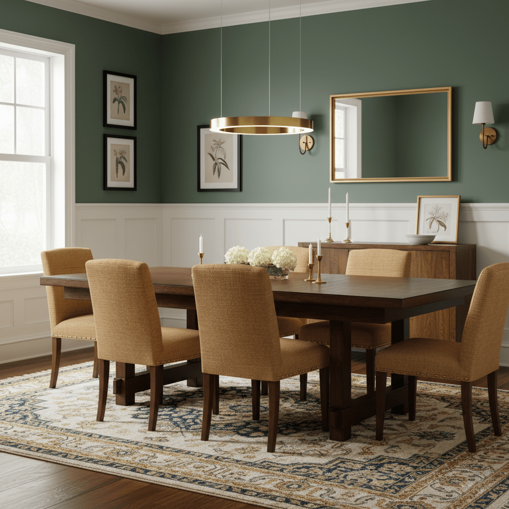 A gold ring pendant hangs low over a dark wooden dining table in a green-panelled room with upholstered chairs, shown as a Clérachic ring light.