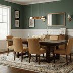A gold ring pendant hangs low over a dark wooden dining table in a green-panelled room with upholstered chairs, shown as a Clérachic ring light.