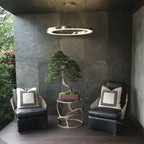 A single ring pendant hangs from one cable in a slate-walled alcove with a bonsai and two black armchairs, shown as a Clérachic ring light.