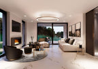One lit ring pendant hangs in the centre of a long white living room with a marble floor and garden doors, in a Clérachic ring pendant style.