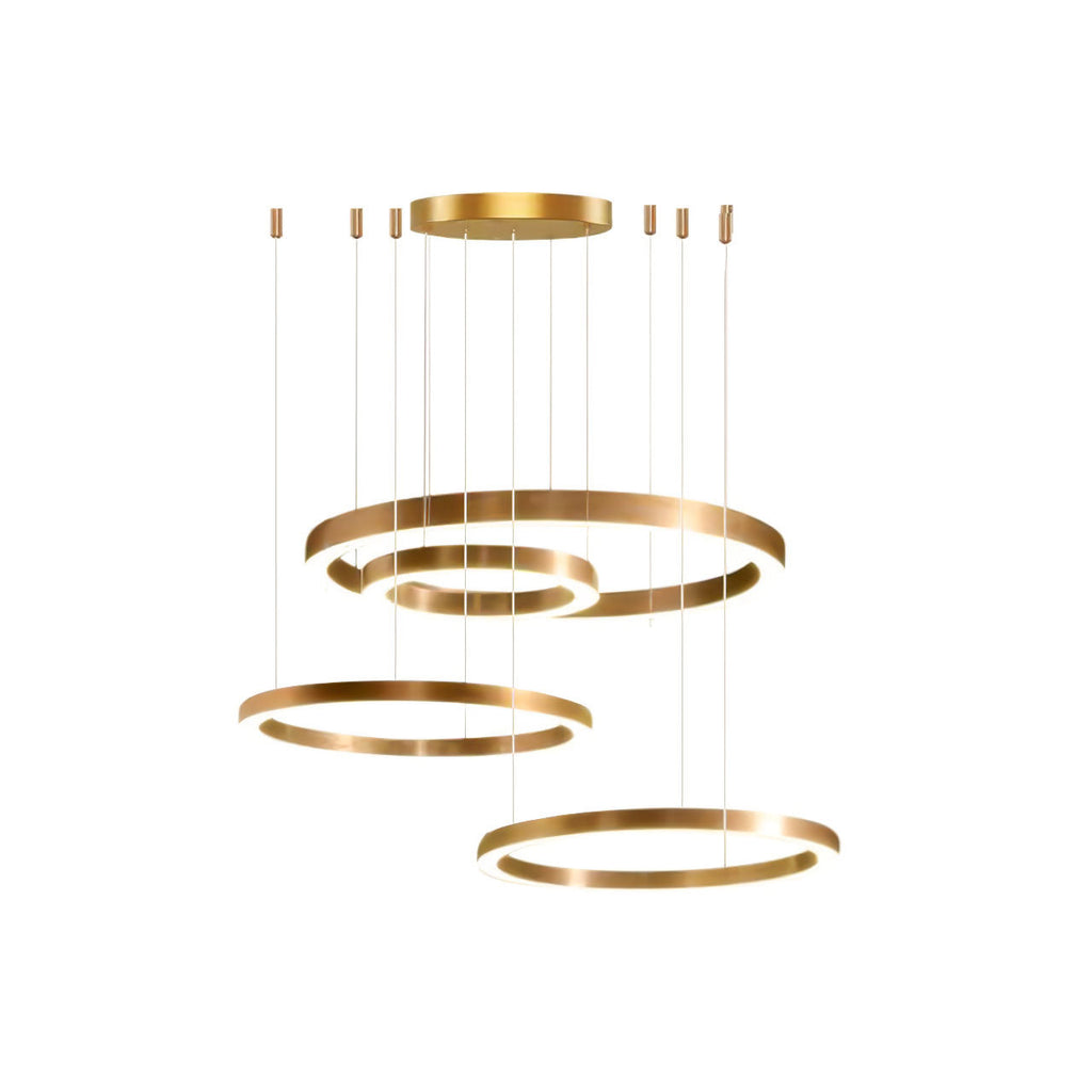 Four brushed gold rings hang beneath a round ceiling plate on a white backdrop, shown from slightly below, as a Clérachic ring pendant.