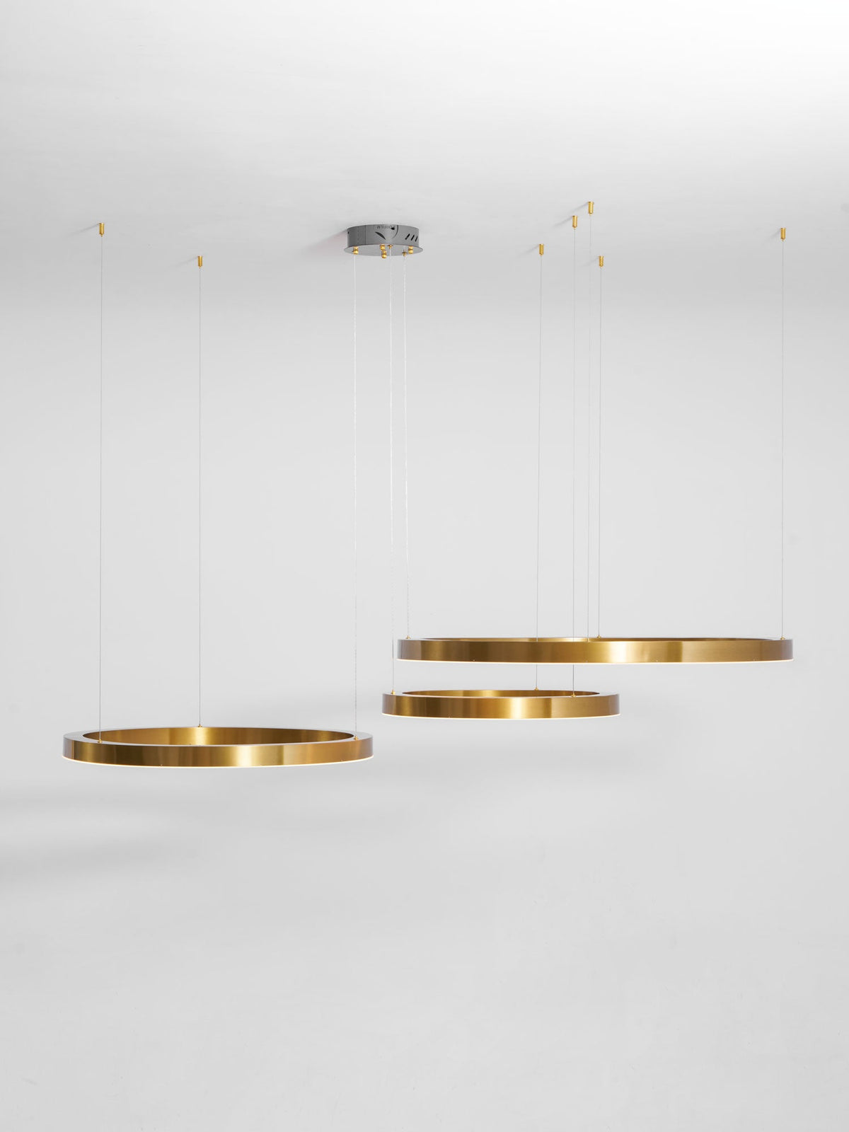 Four unlit gold rings hang low in a pale studio, with the grey ceiling canopy and gold cable grippers above, a Clérachic ring pendant.