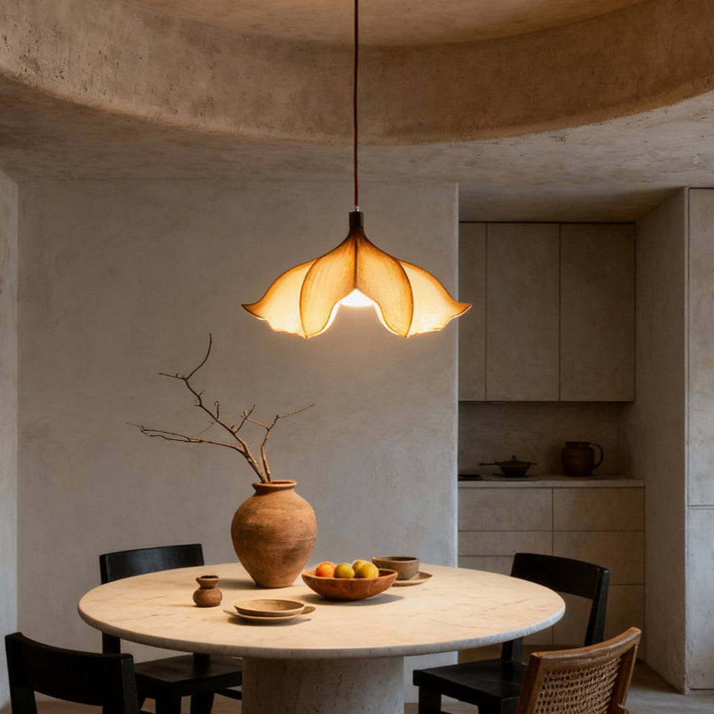 Clérachic pendant light glowing above a round table with a clay vase of branches and a bowl of fruit.
