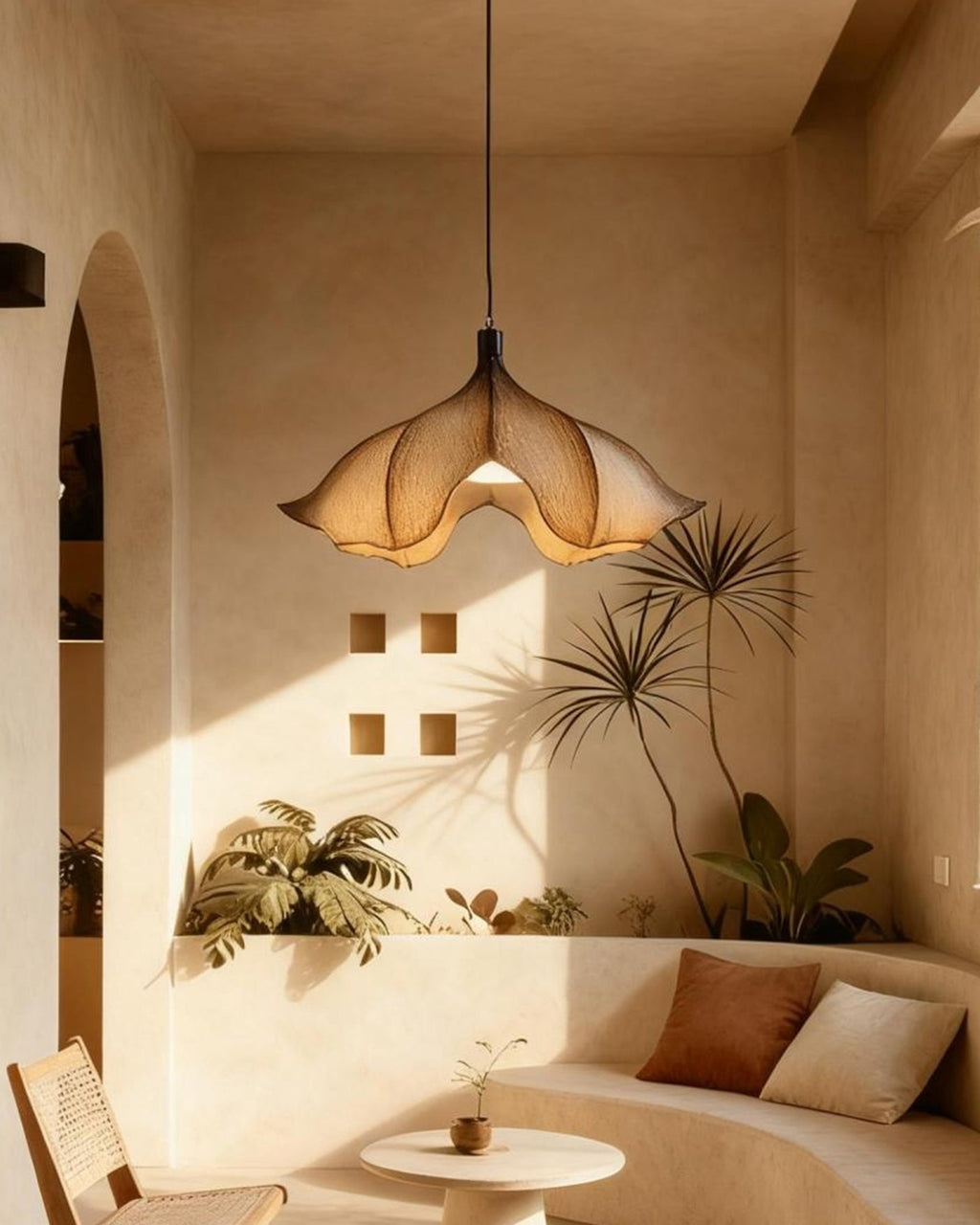 This Clérachic pendant lit in a plastered alcove with an arched opening, a curved bench and soft cushions.