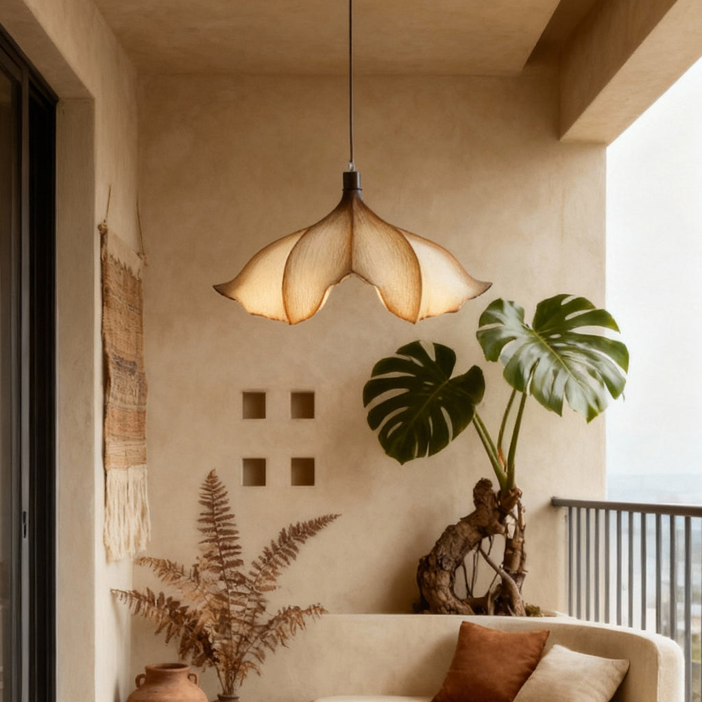 Clérachic pendant light in a plastered room with a large monstera and dried ferns, beside a built-in cream bench.