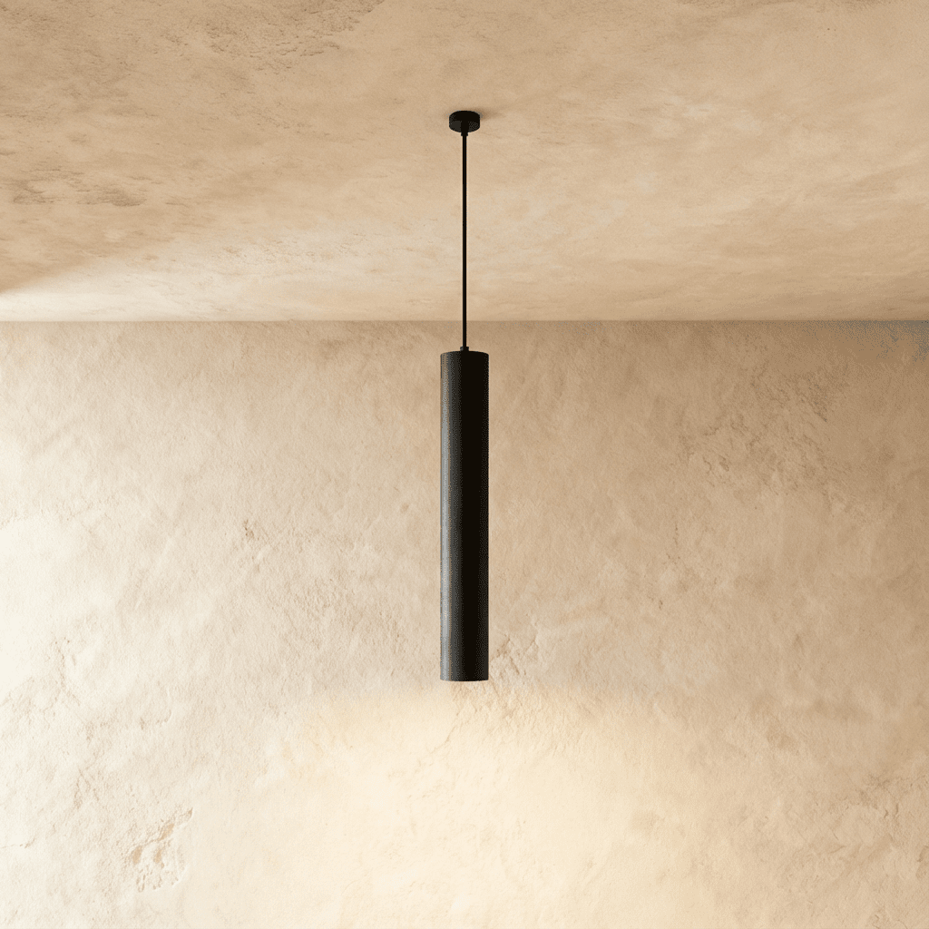 Clérachic slim black concrete cylinder pendant light hanging from a black canopy against warm limewash plaster.