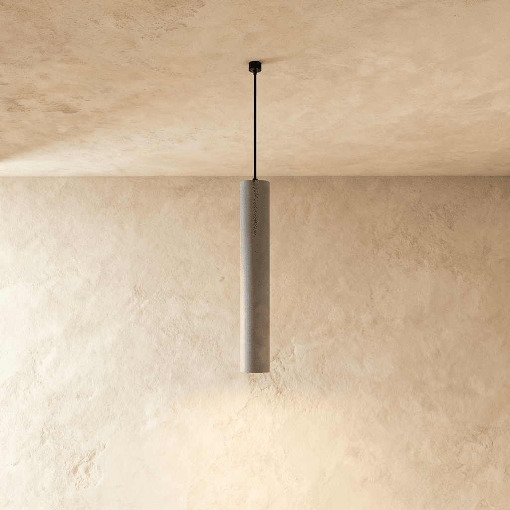 Clérachic slim grey concrete cylinder pendant light with a speckled finish, hung from a black canopy on a plaster wall.