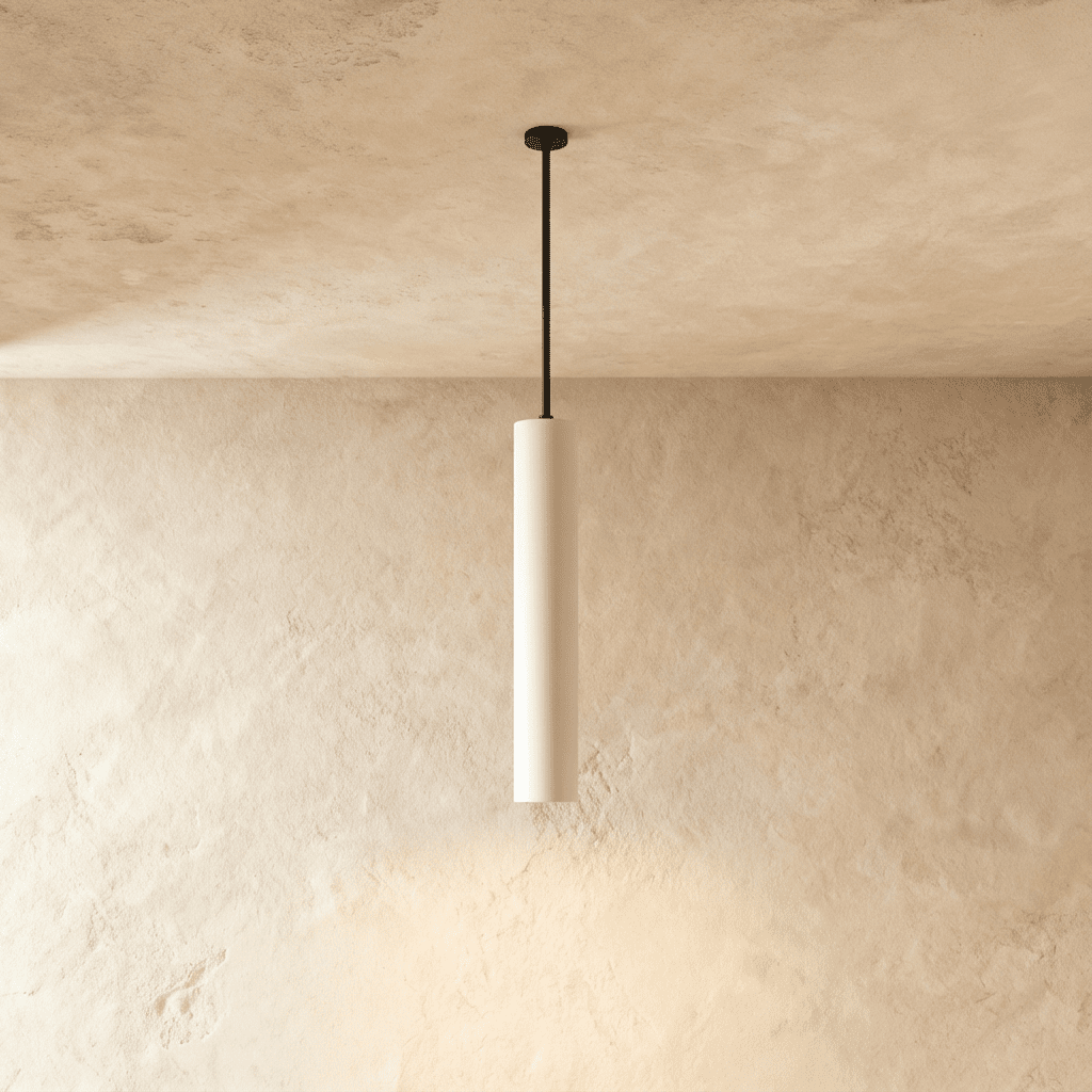 Clérachic slim white cylinder pendant light hanging from a black canopy and stem, set against warm textured plaster.