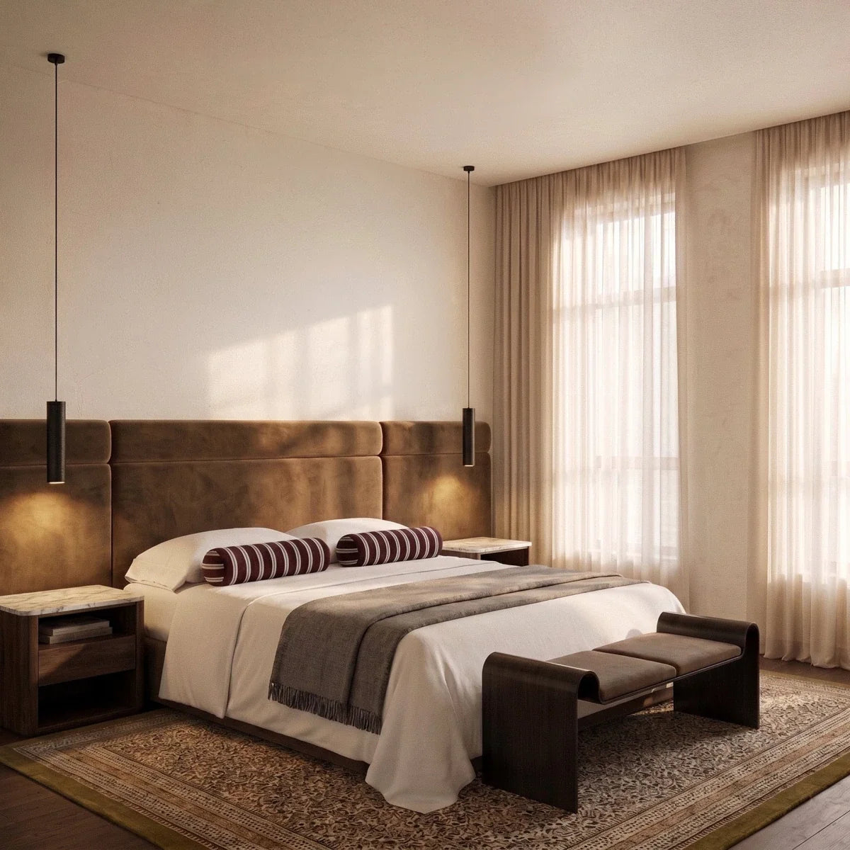 Clérachic pair of slim black cylinder pendant lights hanging either side of a velvet headboard as bedside lighting.