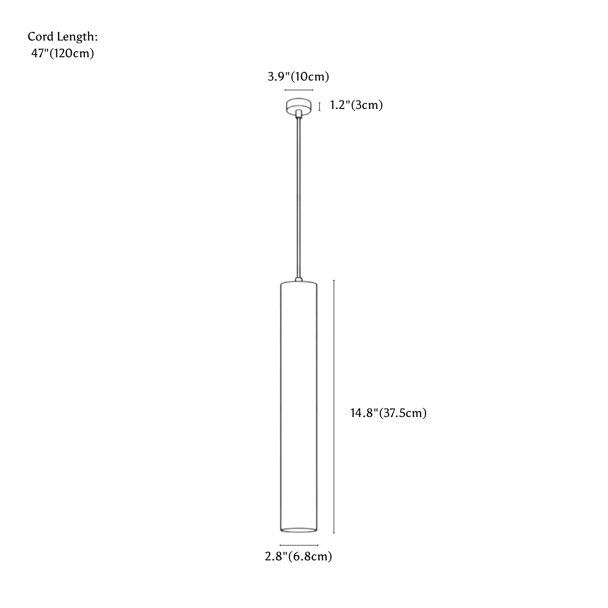Clérachic pendant light dimension drawing, every measurement marked in centimetres and inches.