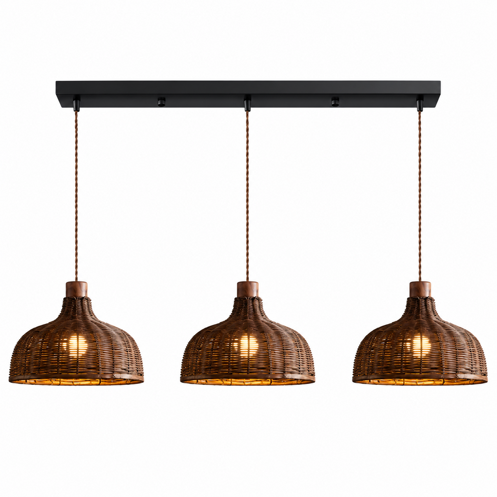 A three-light linear fixture from this Clérachic pendant shows three rounded rattan basket shades on a plain backdrop.