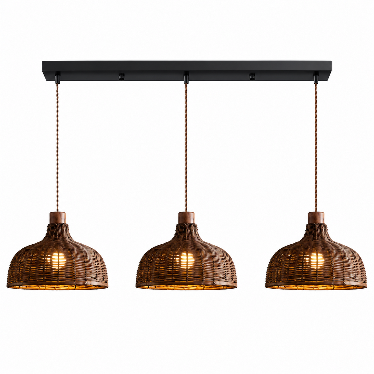 A three-light linear fixture from this Clérachic pendant shows three rounded rattan basket shades on a plain backdrop.