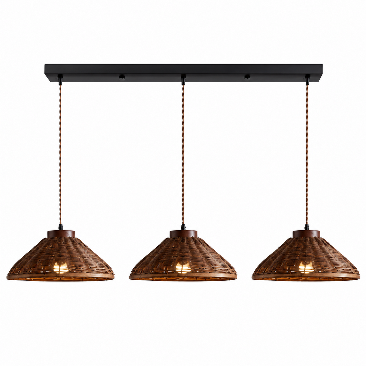 This Clérachic pendant's three-light bar carries wider, flared rattan shades, photographed against a plain backdrop.
