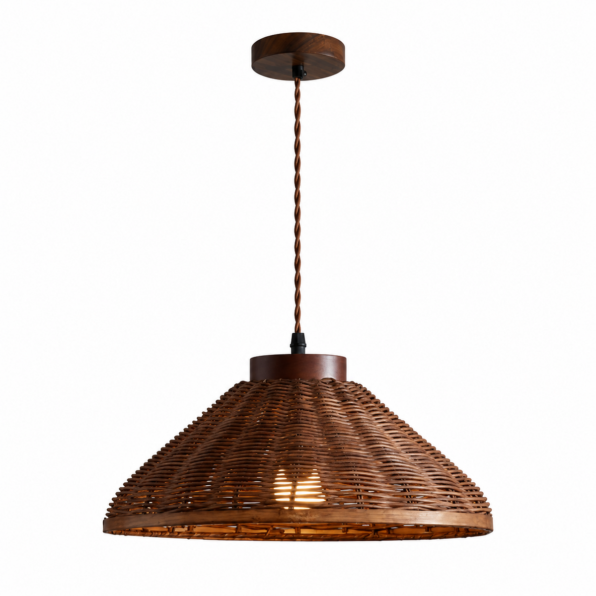 This Clérachic pendant's wide, flared rattan shade is shown close, with its canopy and cord visible.