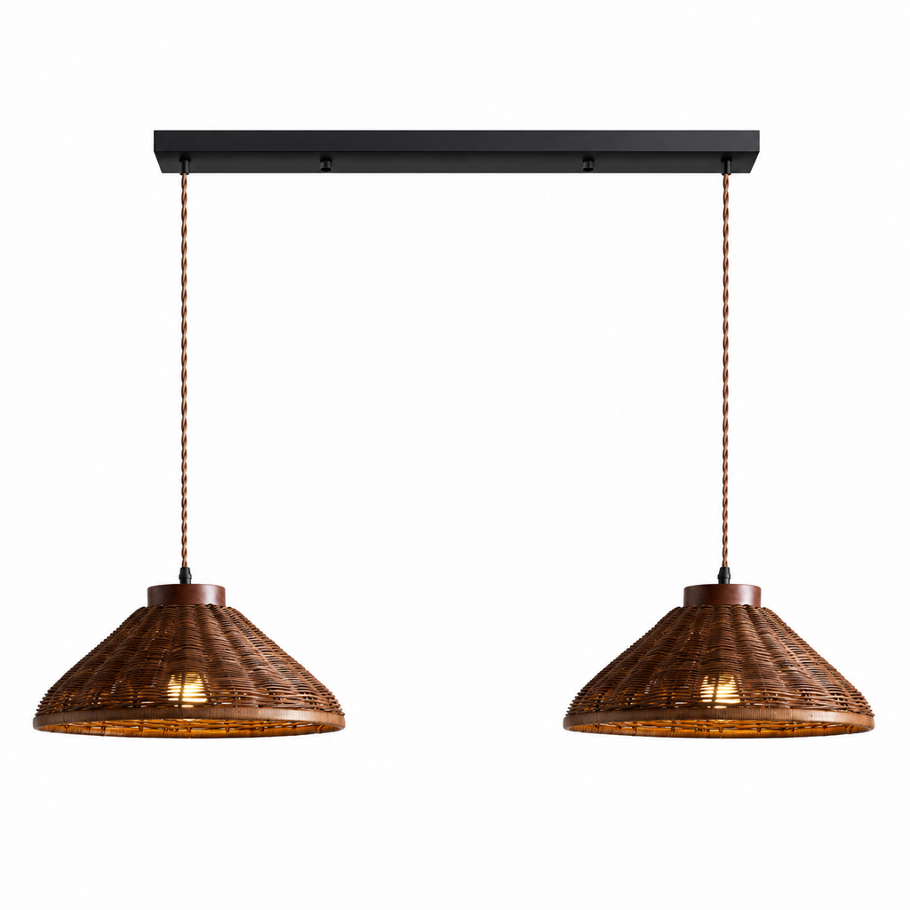 Two wide, flared rattan shades hang from this Clérachic pendant's black two-light bar, set against a plain backdrop.