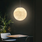 Beside a leafy plant and a small round wooden table, one Clérachic sphere casts a warm halo across a dark wall.