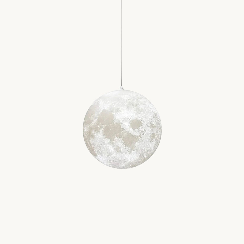 A cratered, moon-print globe pendant, shown for Clérachic, hangs from a thin cord on a plain white backdrop, unlit.