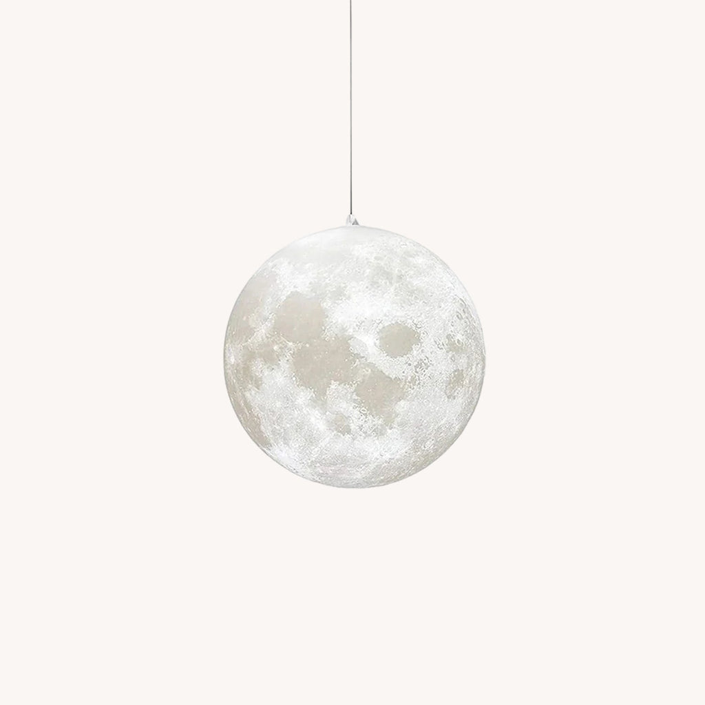 A pale grey moon-print globe pendant from Clérachic hangs from a fine cord, its cratered surface visible against white.