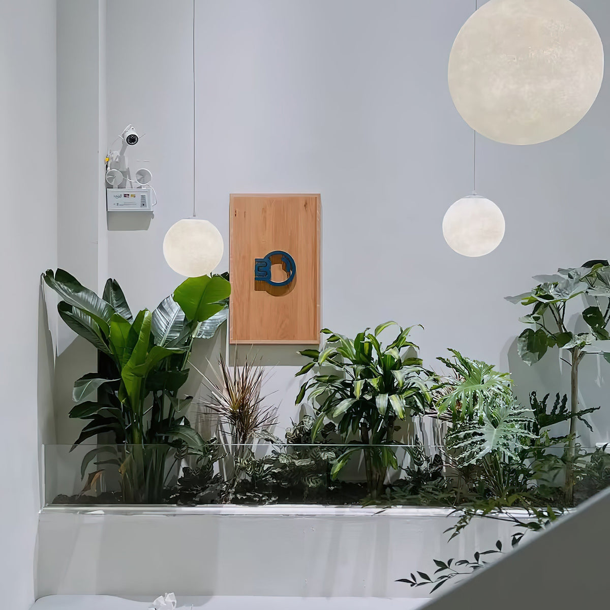 Three white Clérachic spheres of rising size hang above a planted white stair void, beside a small wooden wall panel.