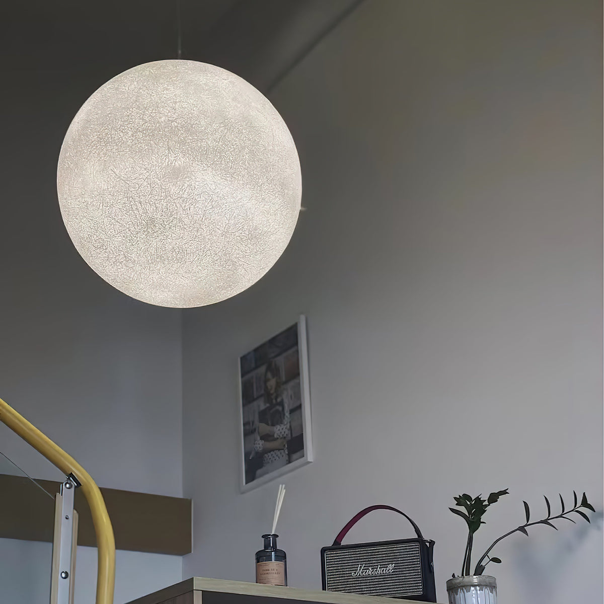A large Clérachic sphere with a pale, finely textured shell hangs near a grey wall, beside a framed picture and a plant.