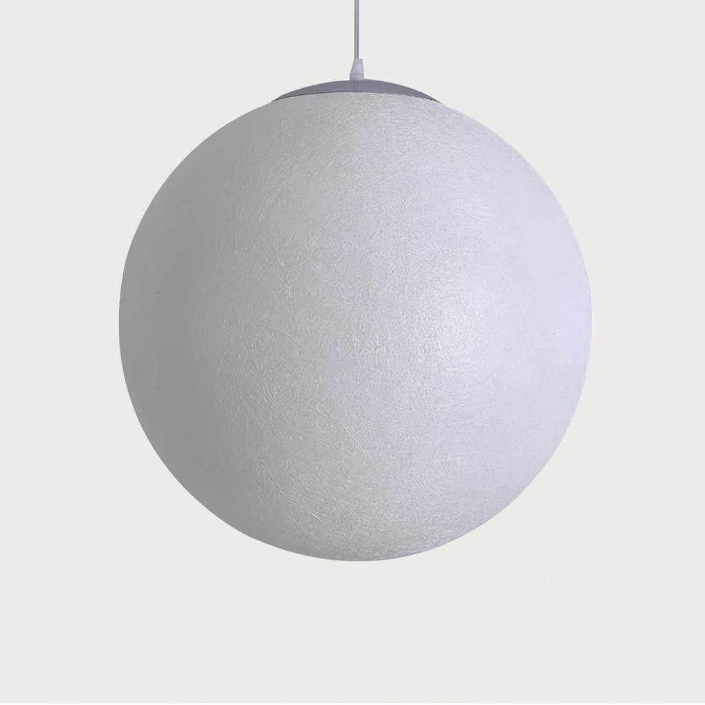 Unlit white Clérachic sphere with a finely speckled shell and a grey canopy, hung from a thin cord on a soft grey backdrop.