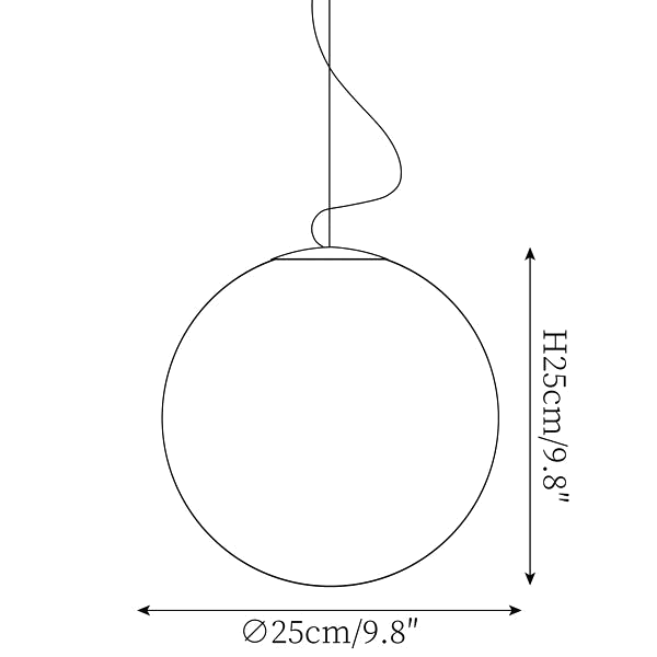 Clérachic pendant light dimension drawing, every measurement marked in centimetres and inches.