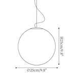 Clérachic pendant light dimension drawing, every measurement marked in centimetres and inches.