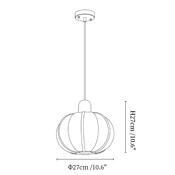 Clérachic pendant light dimension drawing, 1 of 3, every measurement marked in centimetres and inches.