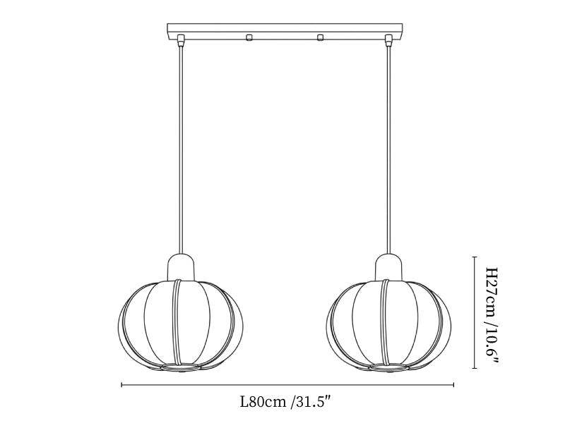 Clérachic pendant light dimension drawing, 2 of 3, every measurement marked in centimetres and inches.