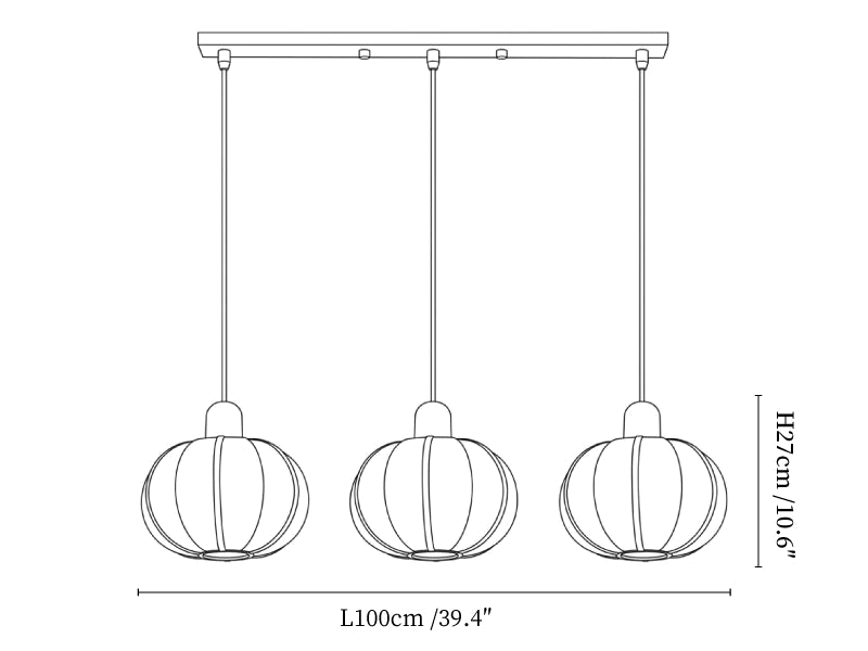 Clérachic pendant light dimension drawing, 3 of 3, every measurement marked in centimetres and inches.