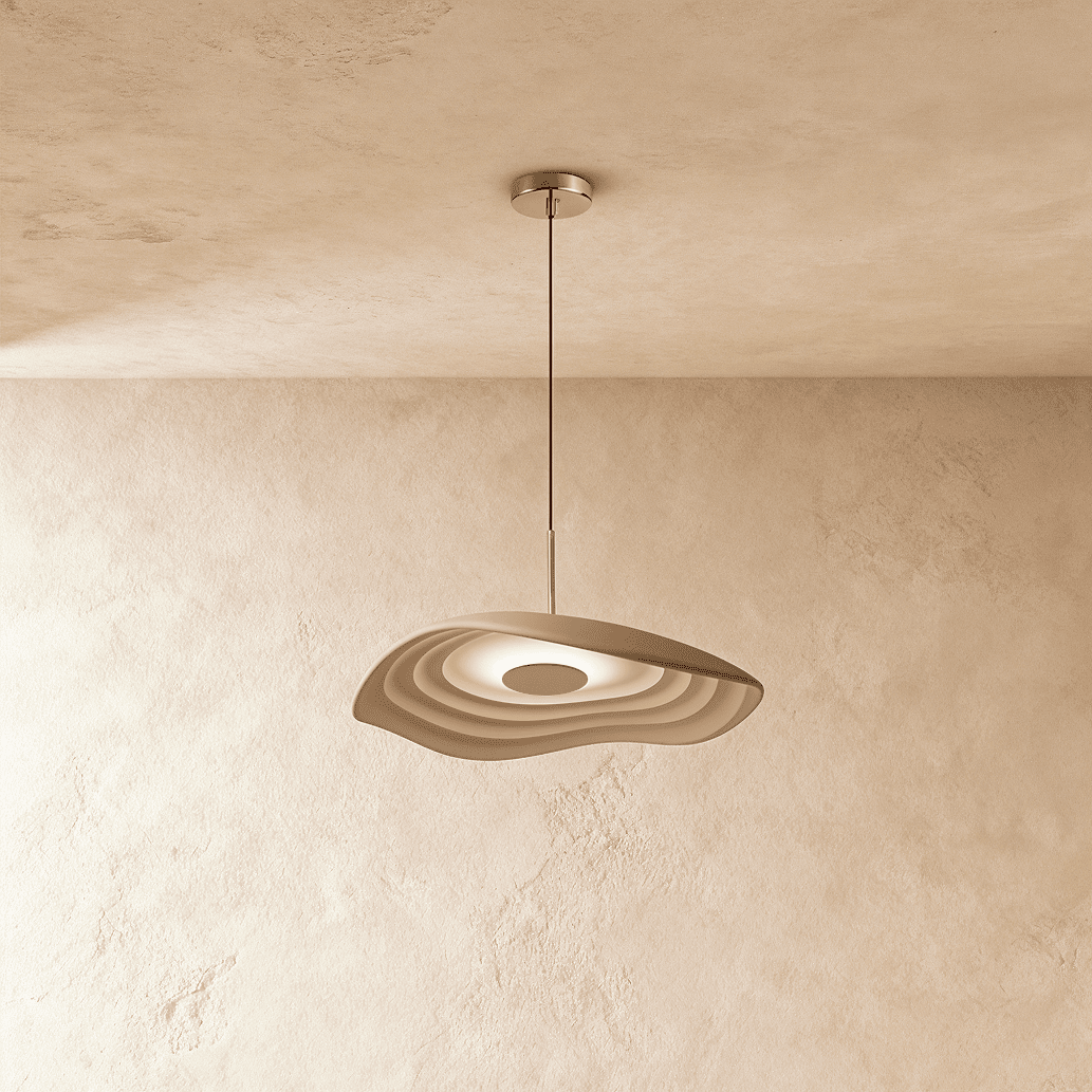 Clérachic rippling resin pendant in warm taupe, lit from within, hung on a slim cord against a plaster ceiling and wall