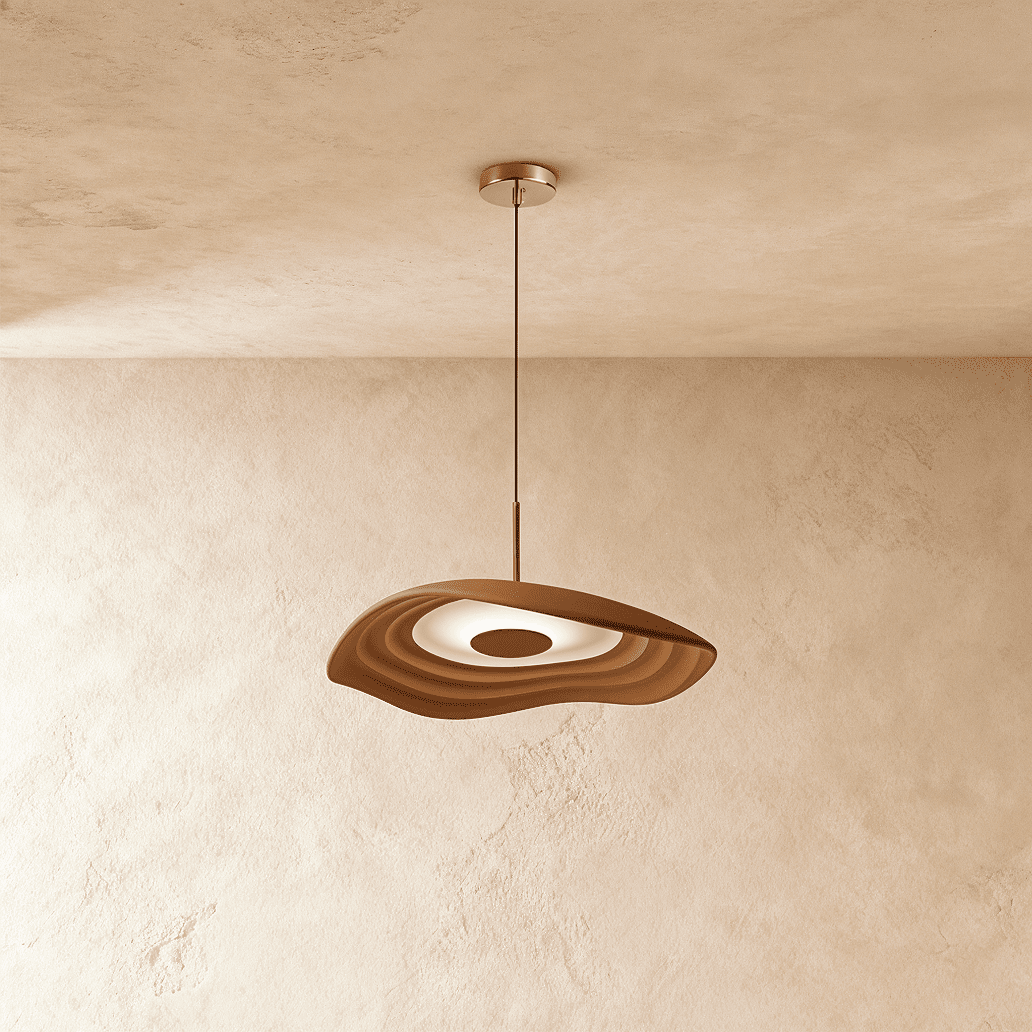 Clérachic rippling resin pendant in terracotta brown with a white glowing interior, hung from a slim cord