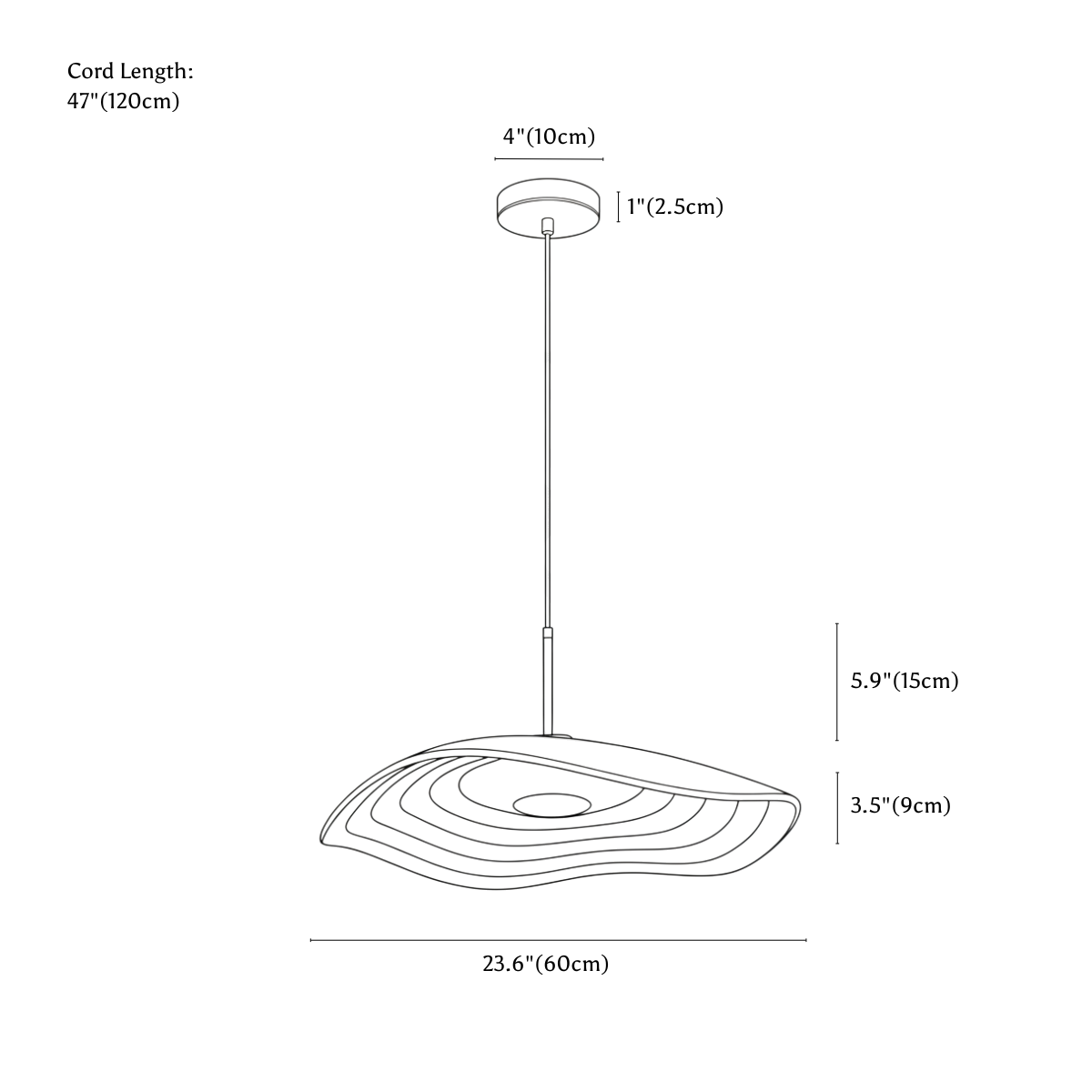 Clérachic pendant light dimension drawing, large, 60 × 9 cm, every measurement marked in centimetres and inches.