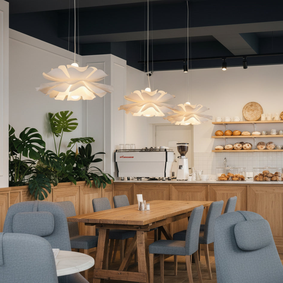 Three Clérachic white petal pendants of different sizes over a cafe counter and a long wooden table with blue-grey chairs.