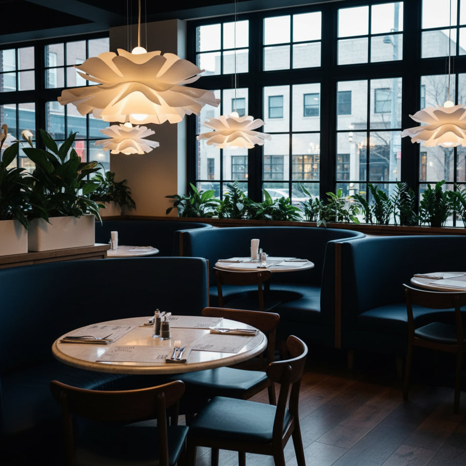Clérachic white petal pendants glowing in a dark restaurant with big black-framed windows and round marble tables.