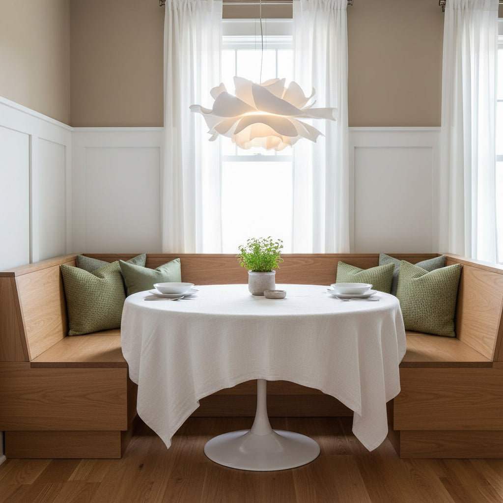 Clérachic white petal pendant above a round white-clothed table in a breakfast nook with a wooden bench.