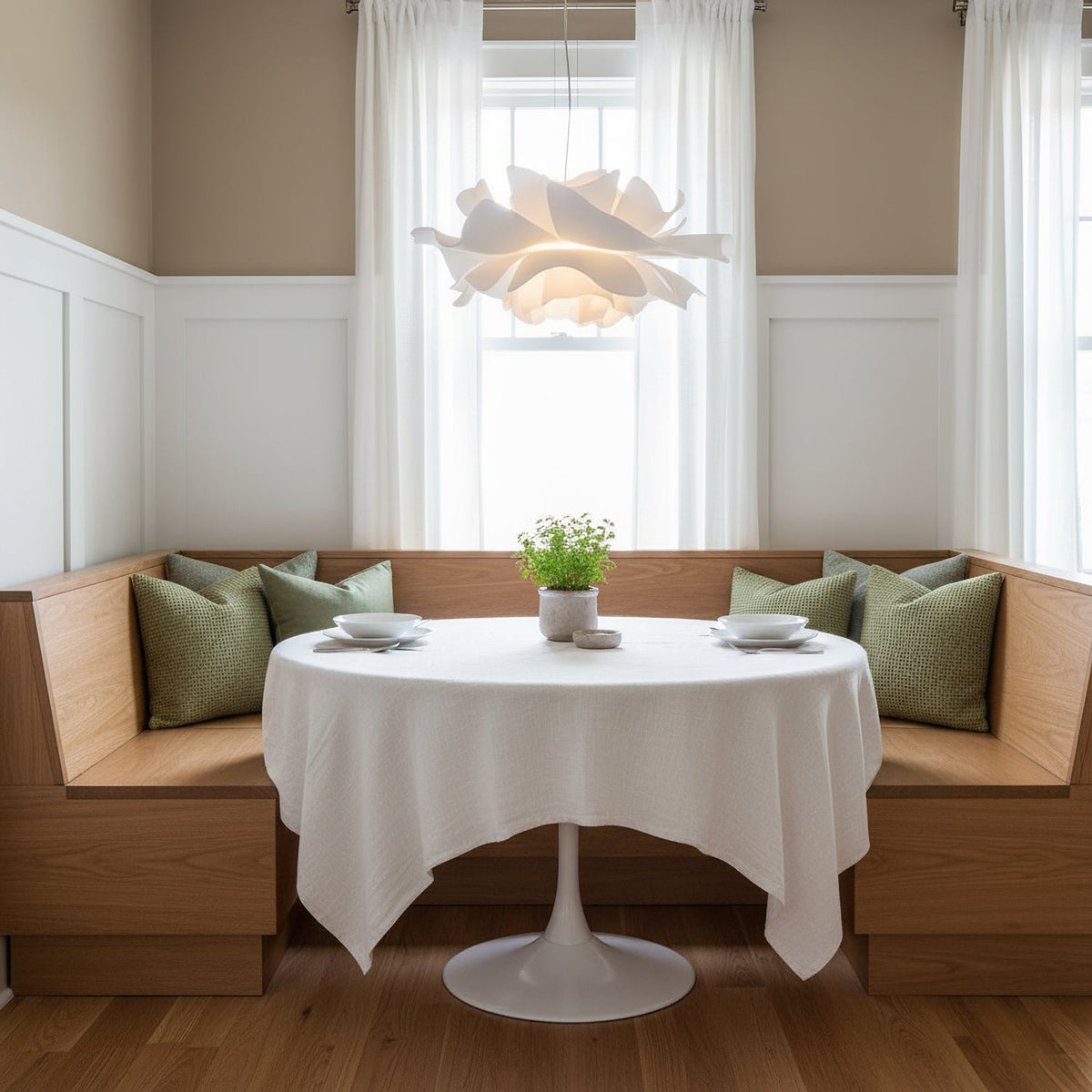 Clérachic white petal pendant above a round white-clothed table in a breakfast nook with a wooden bench.