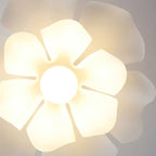 Close view from below of a glowing Clérachic pendant, its six petals around a round bulb.
