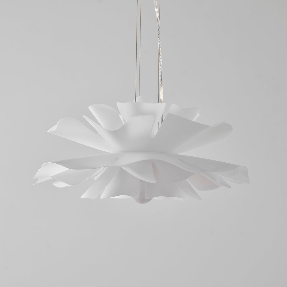 Clérachic white petal pendant with its lowest petals in sharp focus, hung on clear cables against a pale grey backdrop.
