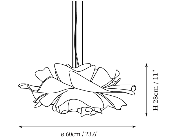 Clérachic pendant light dimension drawing, every measurement marked in centimetres and inches.