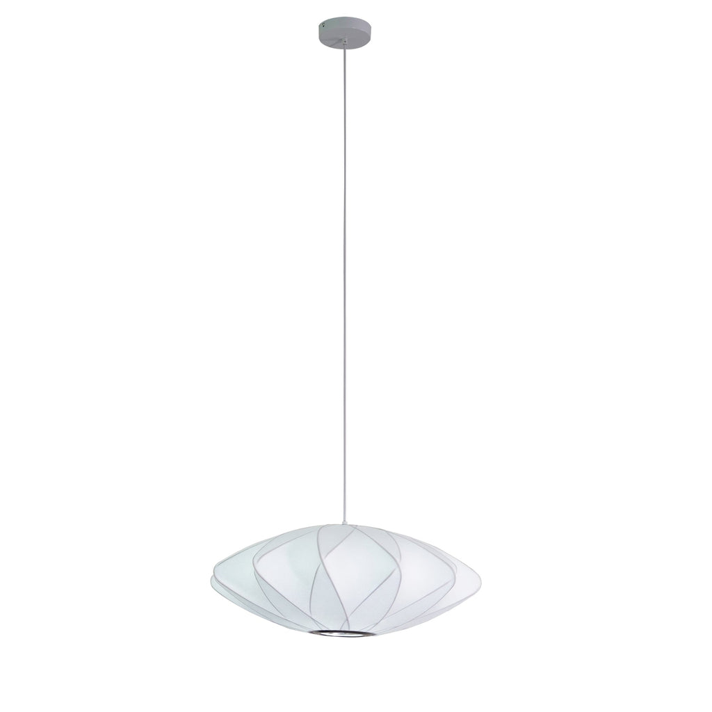 A flat white Clérachic pendant with a criss-cross shade hangs from a long cord with a round grey canopy, on a white backdrop.