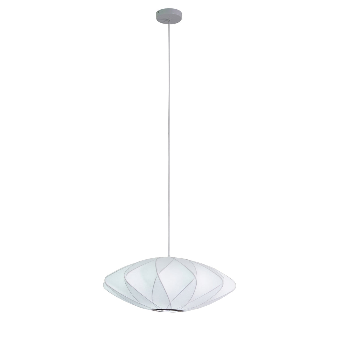 A flat white Clérachic pendant with a criss-cross shade hangs from a long cord with a round grey canopy, on a white backdrop.