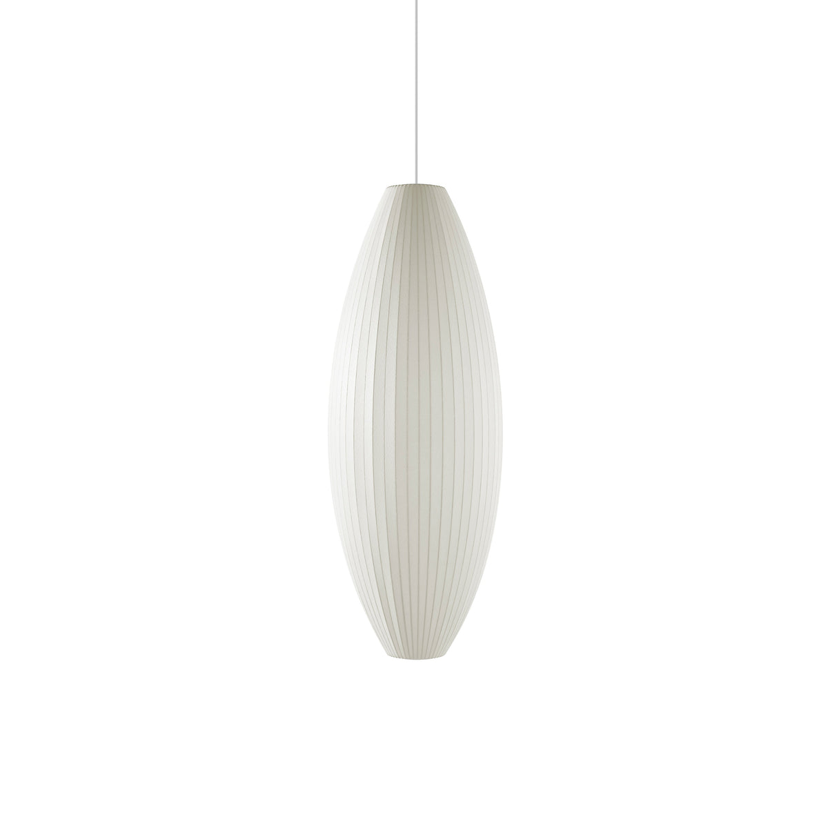 A tall, slim, torpedo-shaped white Clérachic pendant hangs on a white backdrop, its ribs running the full length.