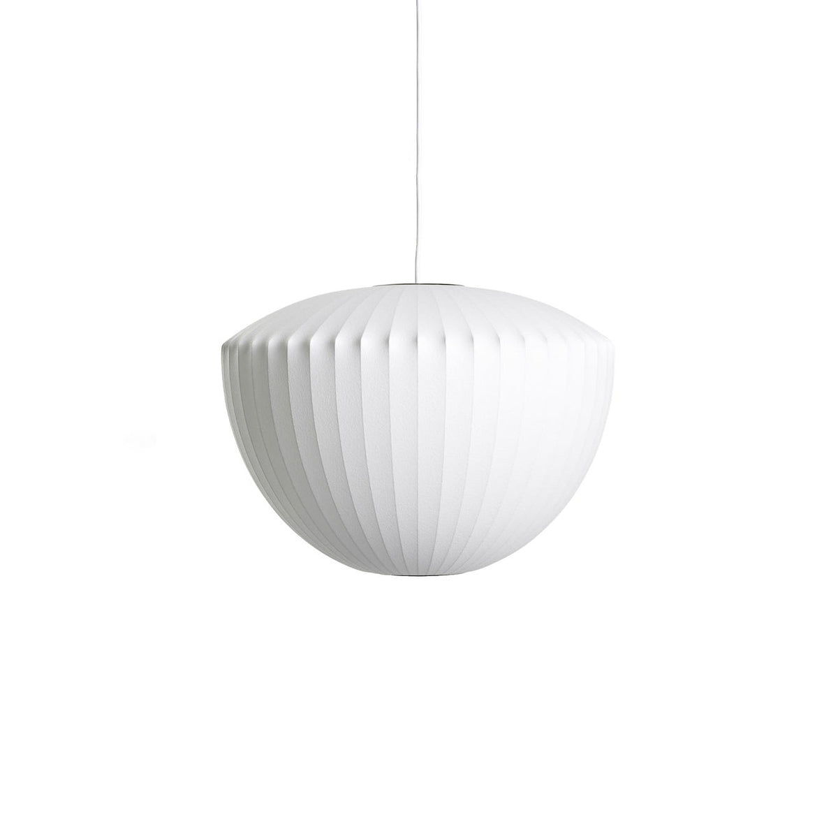 A half-bowl Clérachic pendant in white hangs on a white backdrop, with a wide ribbed top and a deep rounded base.