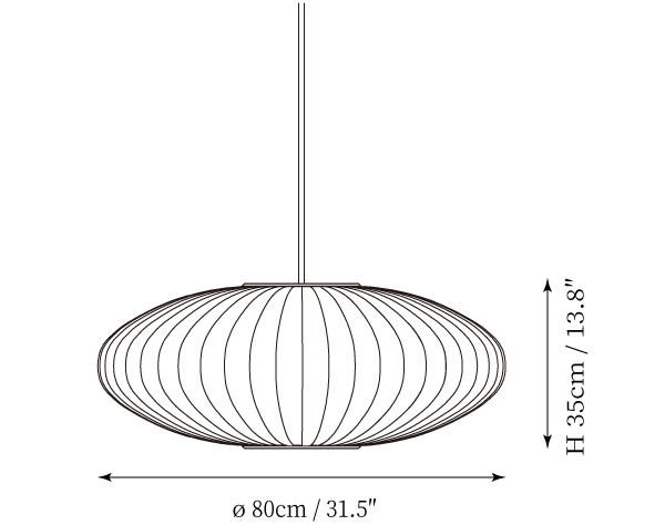 Clérachic pendant light dimension drawing, 1 of 9, every measurement marked in centimetres and inches.