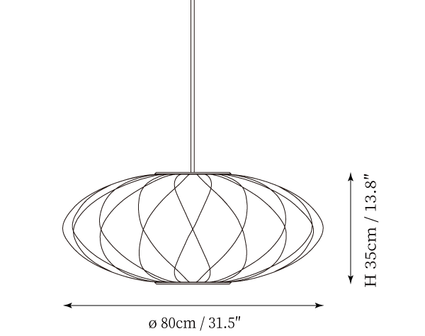 Clérachic pendant light dimension drawing, 2 of 9, every measurement marked in centimetres and inches.