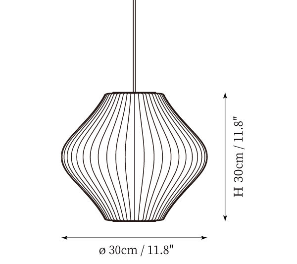 Clérachic pendant light dimension drawing, 3 of 9, every measurement marked in centimetres and inches.