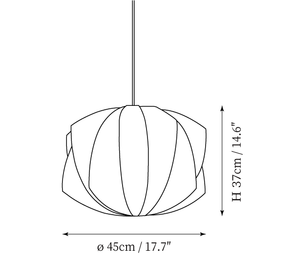Clérachic pendant light dimension drawing, 6 of 9, every measurement marked in centimetres and inches.