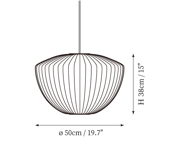 Clérachic pendant light dimension drawing, 8 of 9, every measurement marked in centimetres and inches.